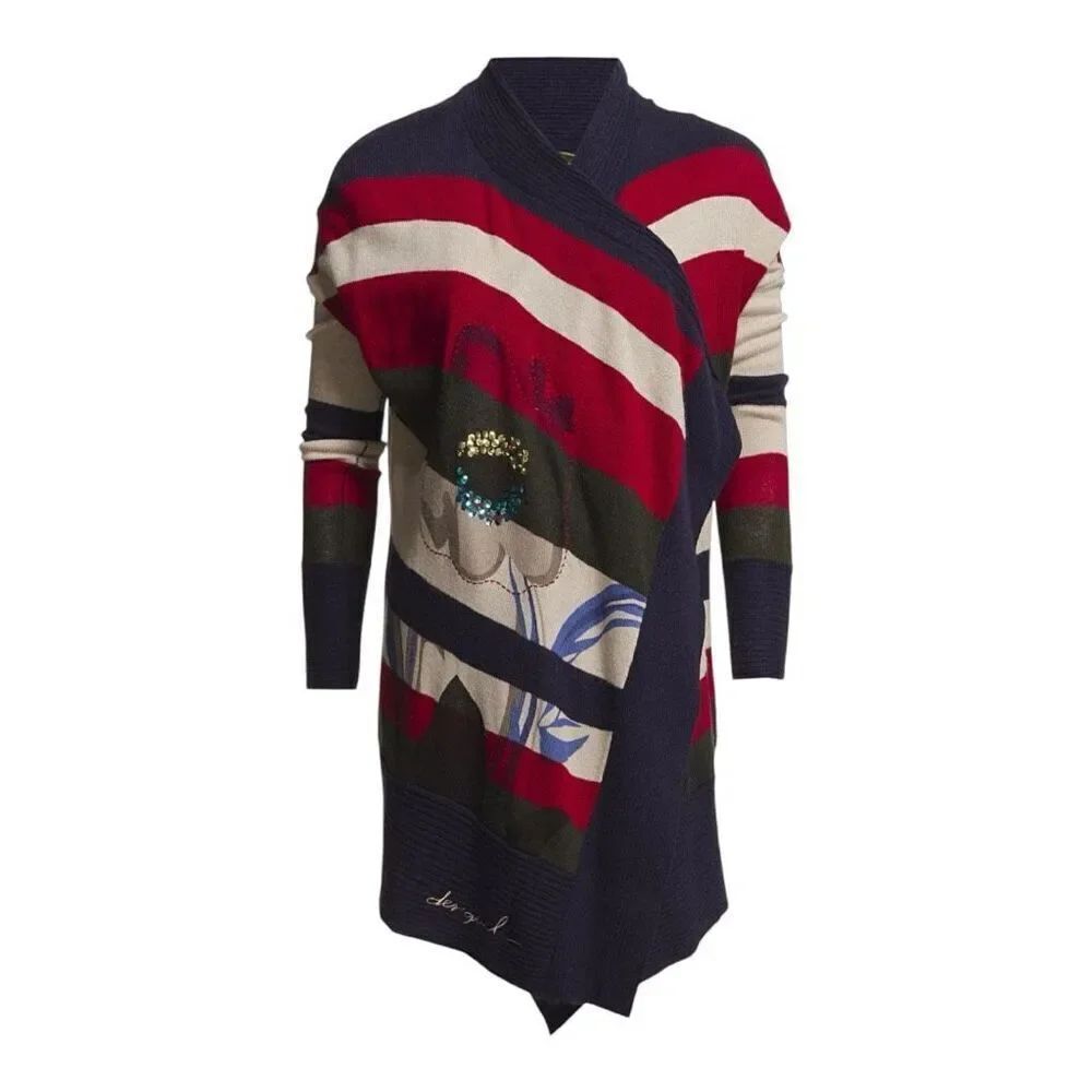 Desigual Women's striped embellished flower open front Cardigan Sweater Size S